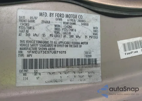 2007 Ford Explorer Xlt from USA, damaged, VIN 1FMEU73E57UB71075